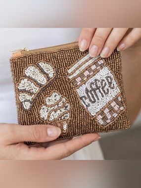 Beaded Brown Croissant & Coffee Card Wallet